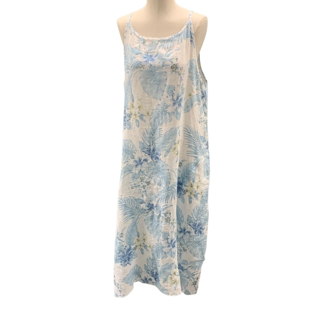 LUNGO L'ARNO‎ Linen Blue & White Floral Print Spagetti Strap Maxi Dress - Size L